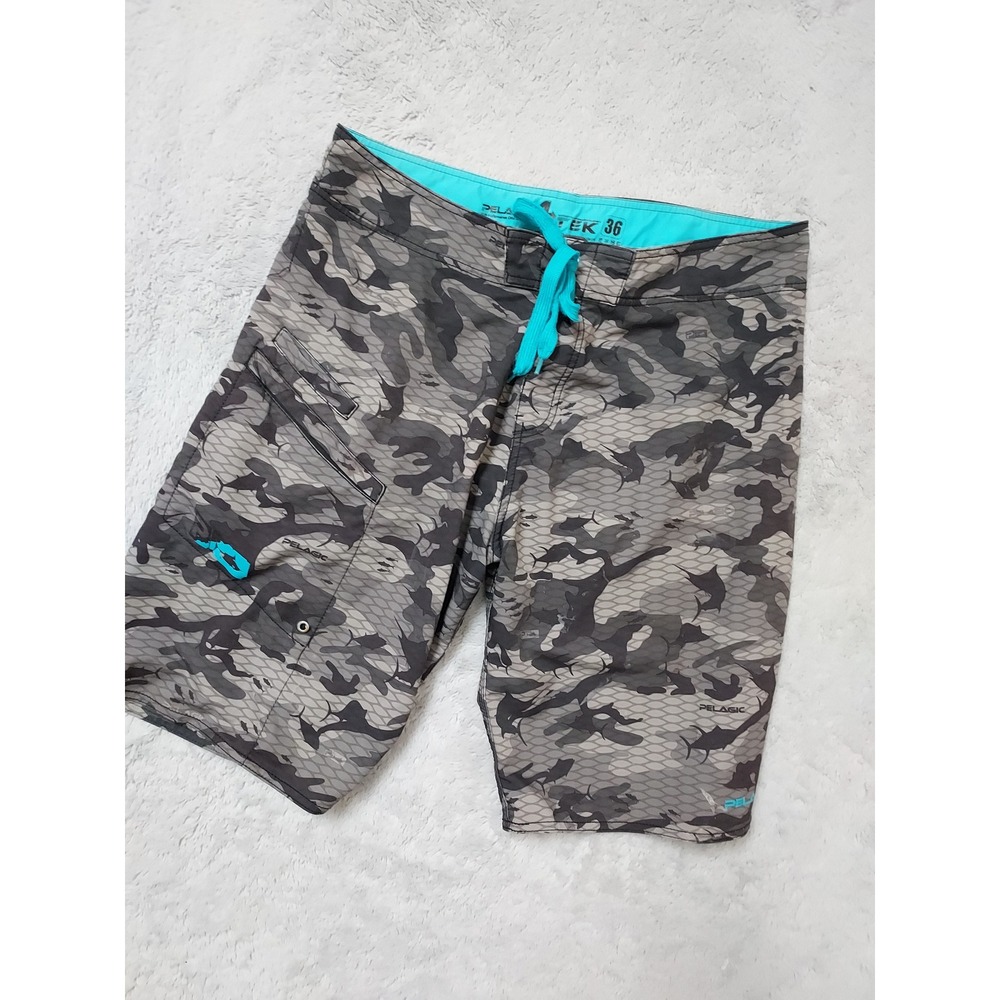 Pelagic Board Shorts Mens Size 36 4Tek Camo Fishing Gray Boating Surfing Beach